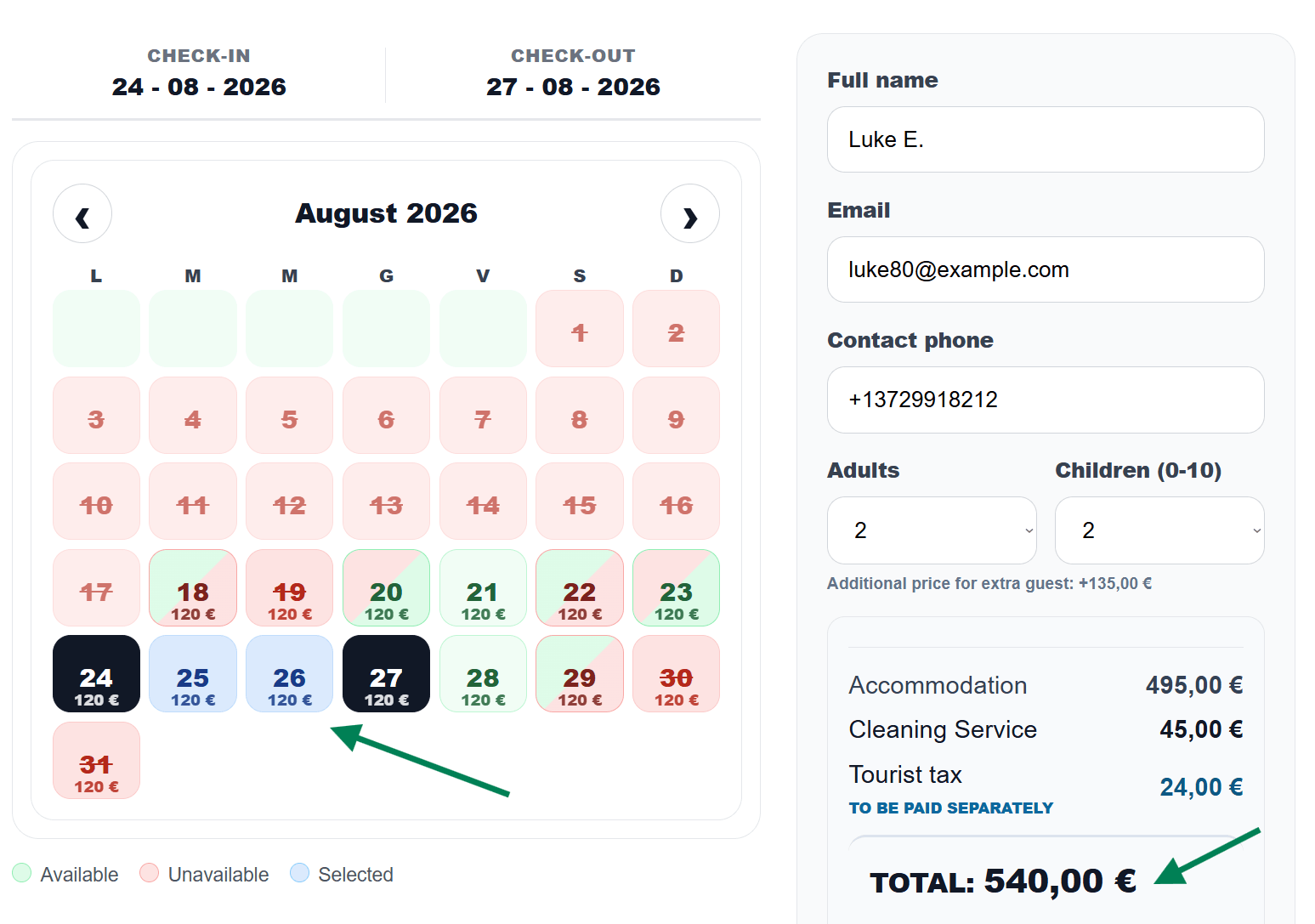 Front-end booking calendar showing property selection, daily prices, selected dates and final payment total