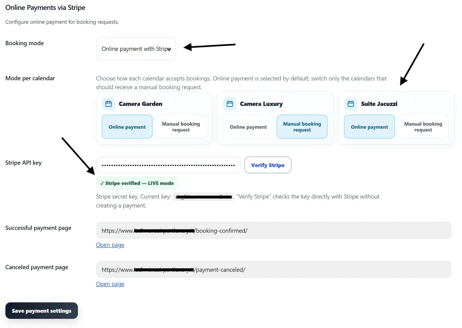 Host Domination Booking Engine PRO multiple calendars with Stripe payment mode and manual booking request mode