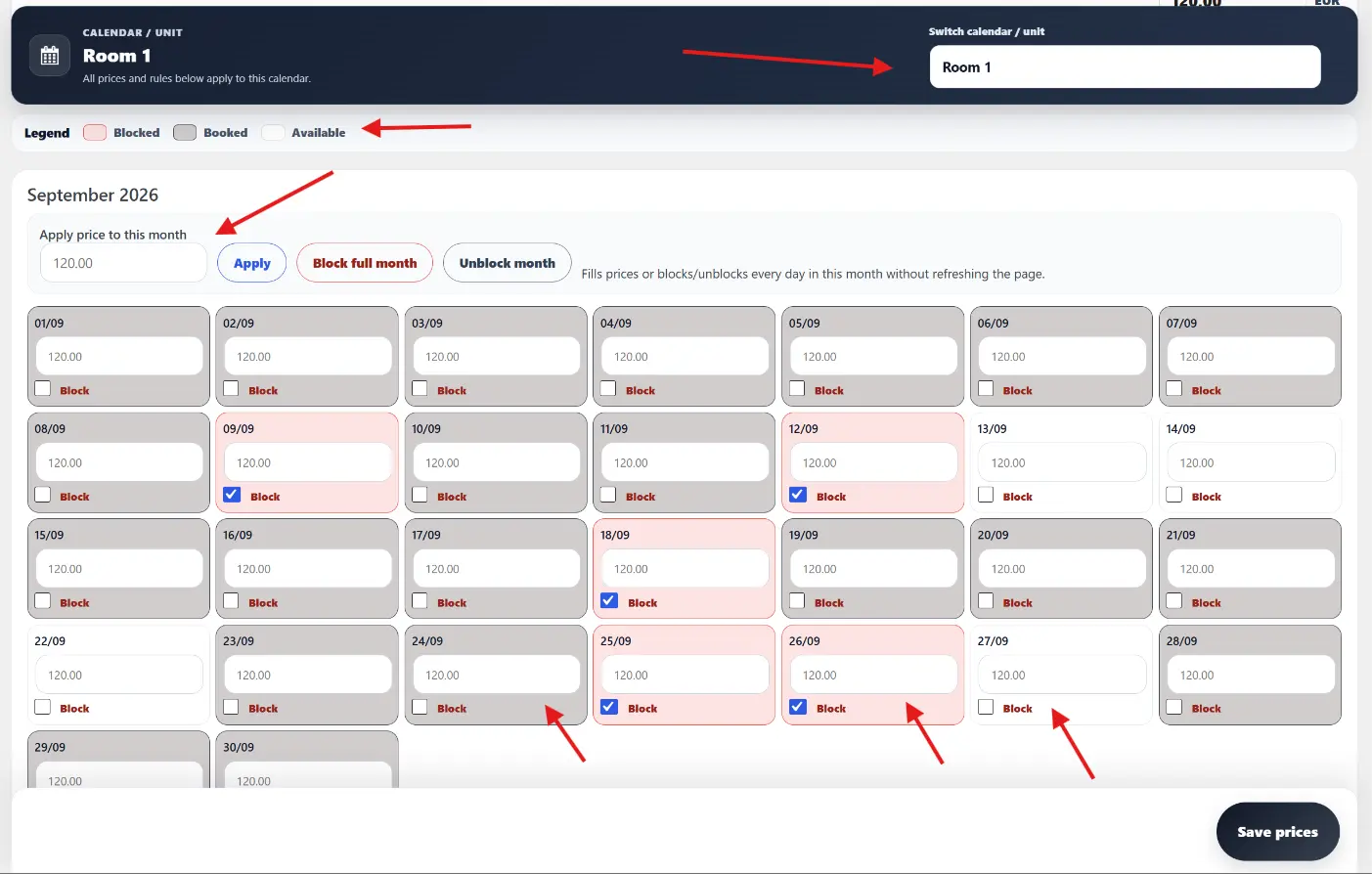 Host Domination Booking Engine PRO advanced pricing calendar with monthly prices, blocked dates, booked dates and calendar selector