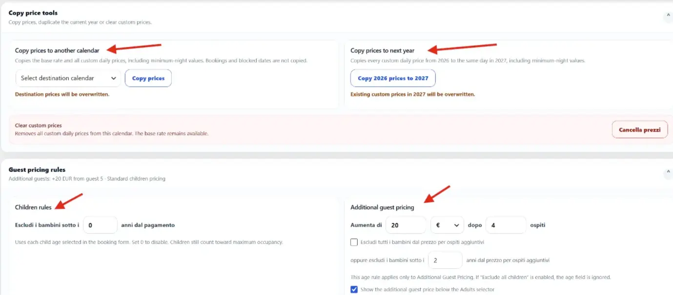 Host Domination Booking Engine PRO settings for child pricing rules and additional guest surcharges
