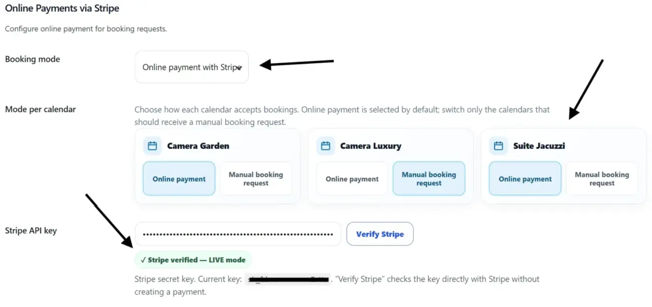 Host Domination Booking Engine PRO multiple calendars with Stripe payment mode and manual booking request mode