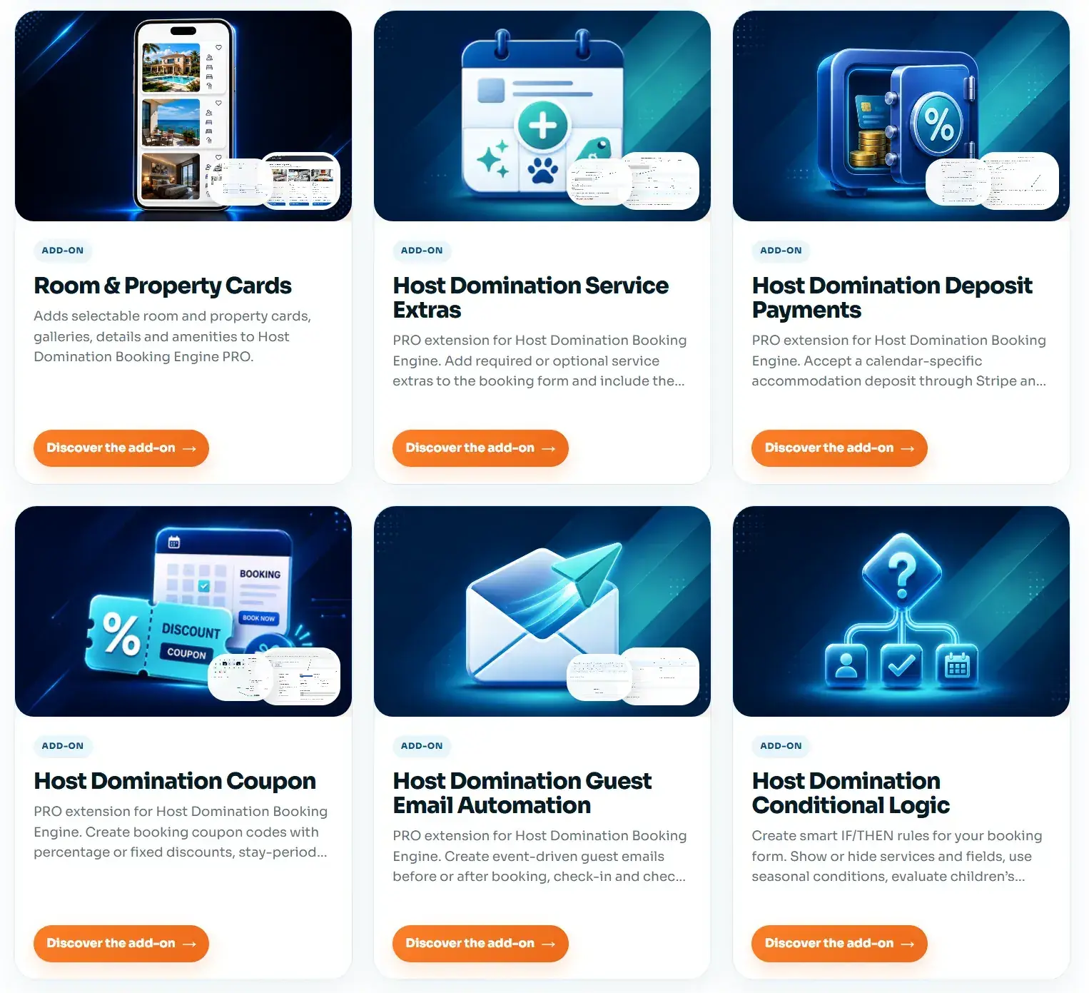 Host Domination Booking Engine Pro add-ons including Room and Property Cards, Service Extras, Deposit Payments, Coupons, Guest Email Automation and Conditional Logic