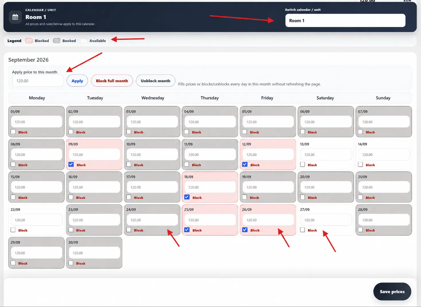 Host Domination Booking Engine PRO advanced pricing calendar with monthly prices, blocked dates, booked dates and calendar selector